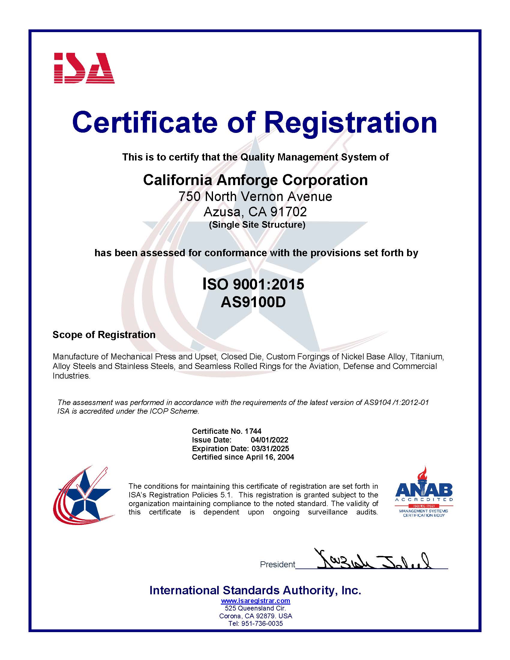 Current AS 9100 Certificate